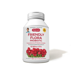 ANDREW LESSMAN Friendly Flora bottle on counter showing product branding and usage context, supports daily balance