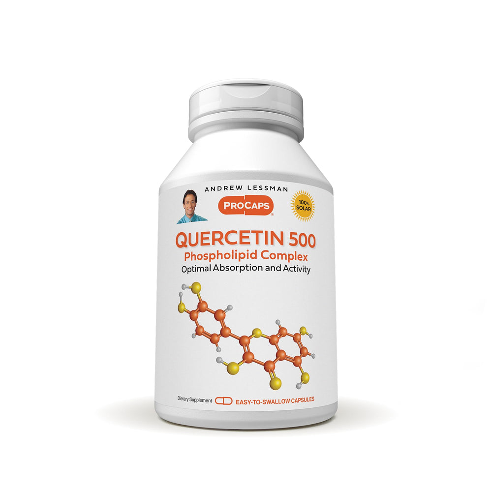 Andrew Lessman Quercetin 500mg bottle close-up highlighting high-absorption formula for circulation support