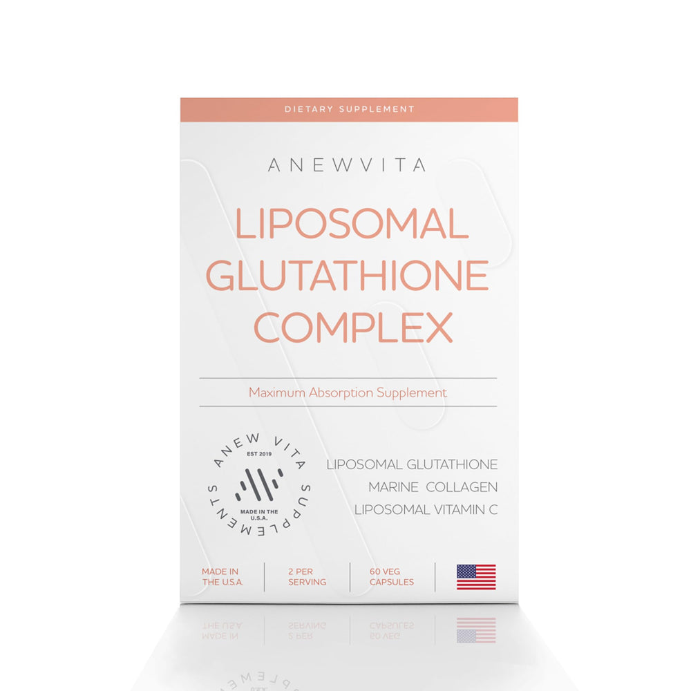 Anew Vita Liposomal Glutathione bottle demonstrates enhanced absorption for radiant skin.