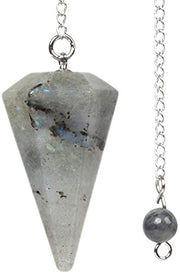 Angelstones Labradorite hexagonal pendant close-up for chakra balance and meditation.