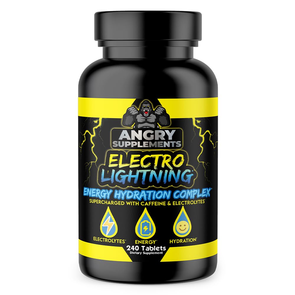 Angry Supplements Electro Lightning bottle pours tablets for quick hydration after workouts.