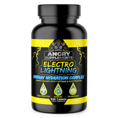Angry Supplements Electro Lightning bottle pours tablets for quick hydration after workouts.
