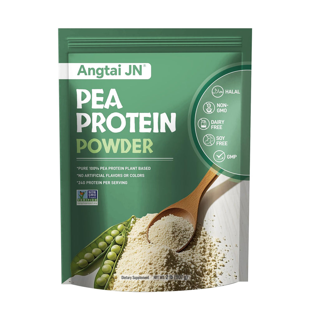 Angtai JN pea protein bottle with scoop shows quick high-protein shakes.