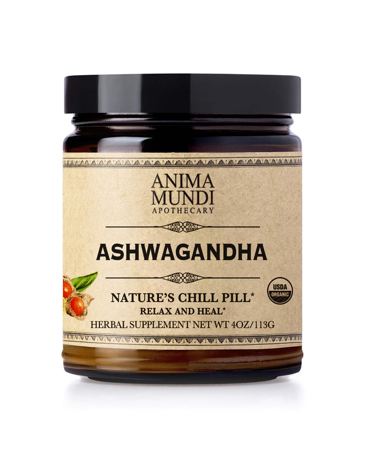 Anima Mundi Ashwagandha powder bottle on wood, inviting a calming daily ritual.