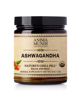 Anima Mundi Ashwagandha powder bottle on wood, inviting a calming daily ritual.