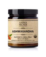 Anima Mundi Ashwagandha powder bottle on wood, inviting a calming daily ritual.