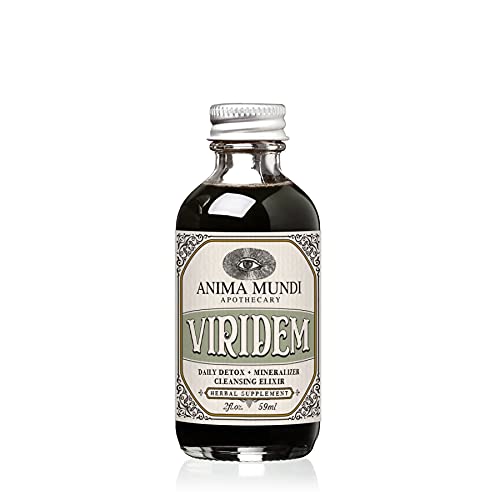 Anima Mundi Viridem Greens Detox Elixir bottle closeup highlighting the green formula for daily cleansing