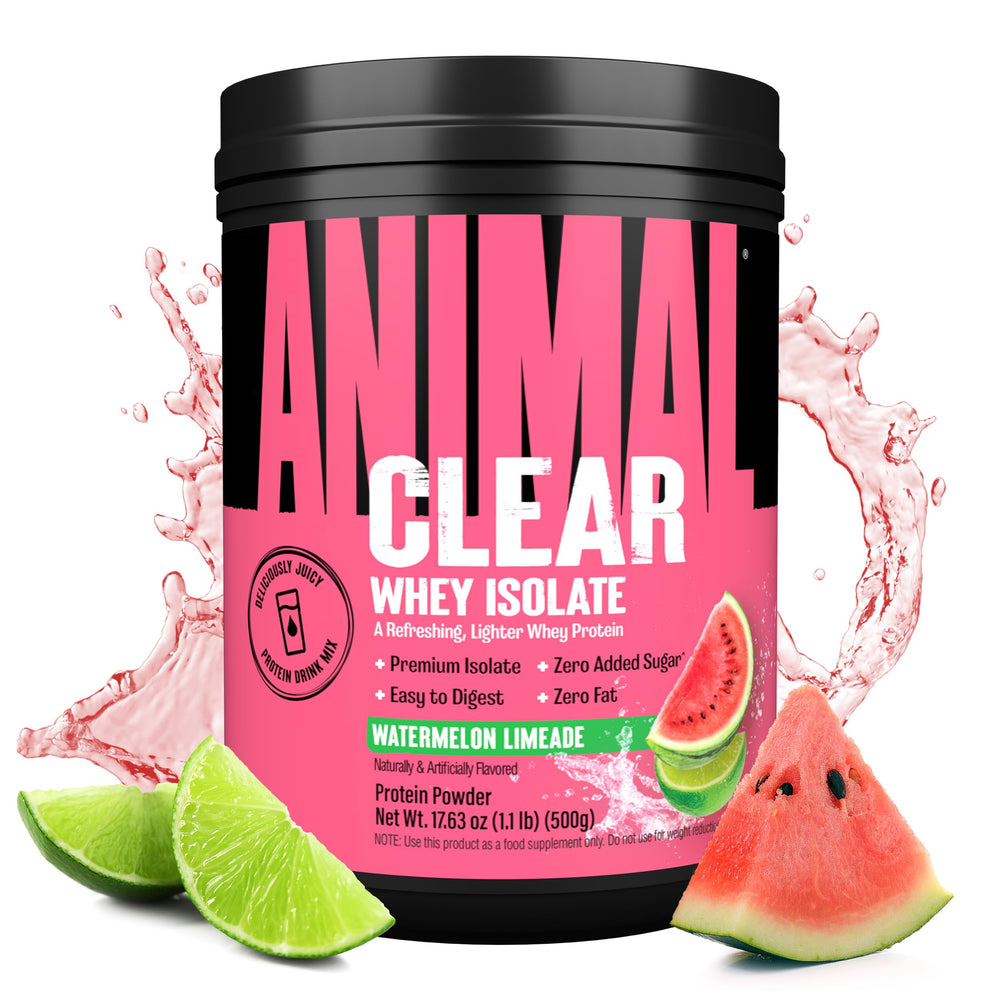 Animal Clear Whey Isolate Watermelon Limeade bottle shows a refreshing, easy-to-digest protein drink.
