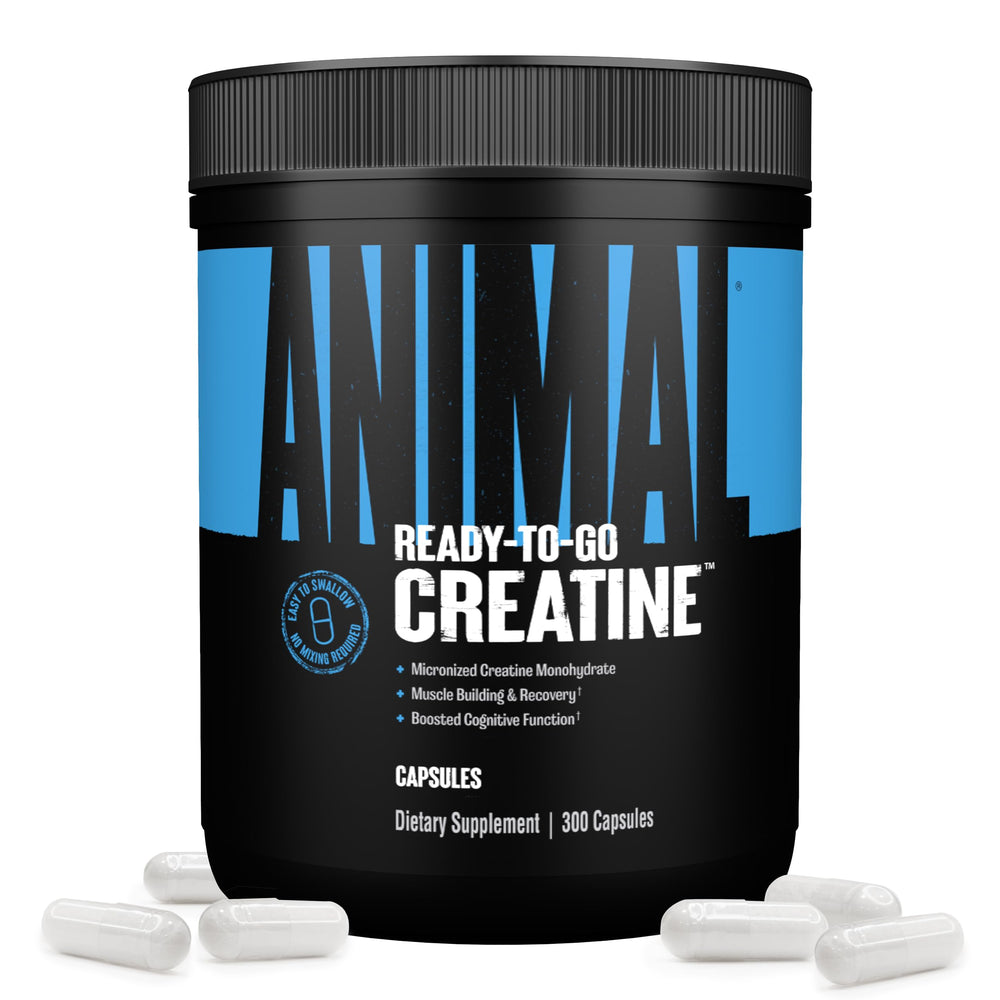 Animal Micronized Creatine Capsules bottle with label offering easy daily performance support.