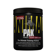 Animal Pak powder being poured into a shaker for daily nutrition.