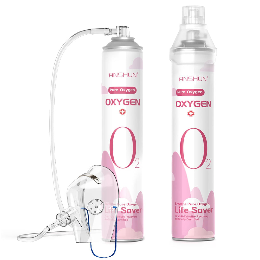 ANSHUN 10L oxygen canister packaging highlights purity and safety features.