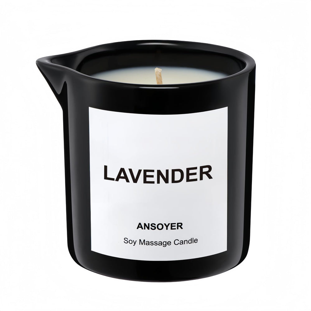 ANSOYER Lavender Massage Oil Candle bottle setup for at-home relaxation.