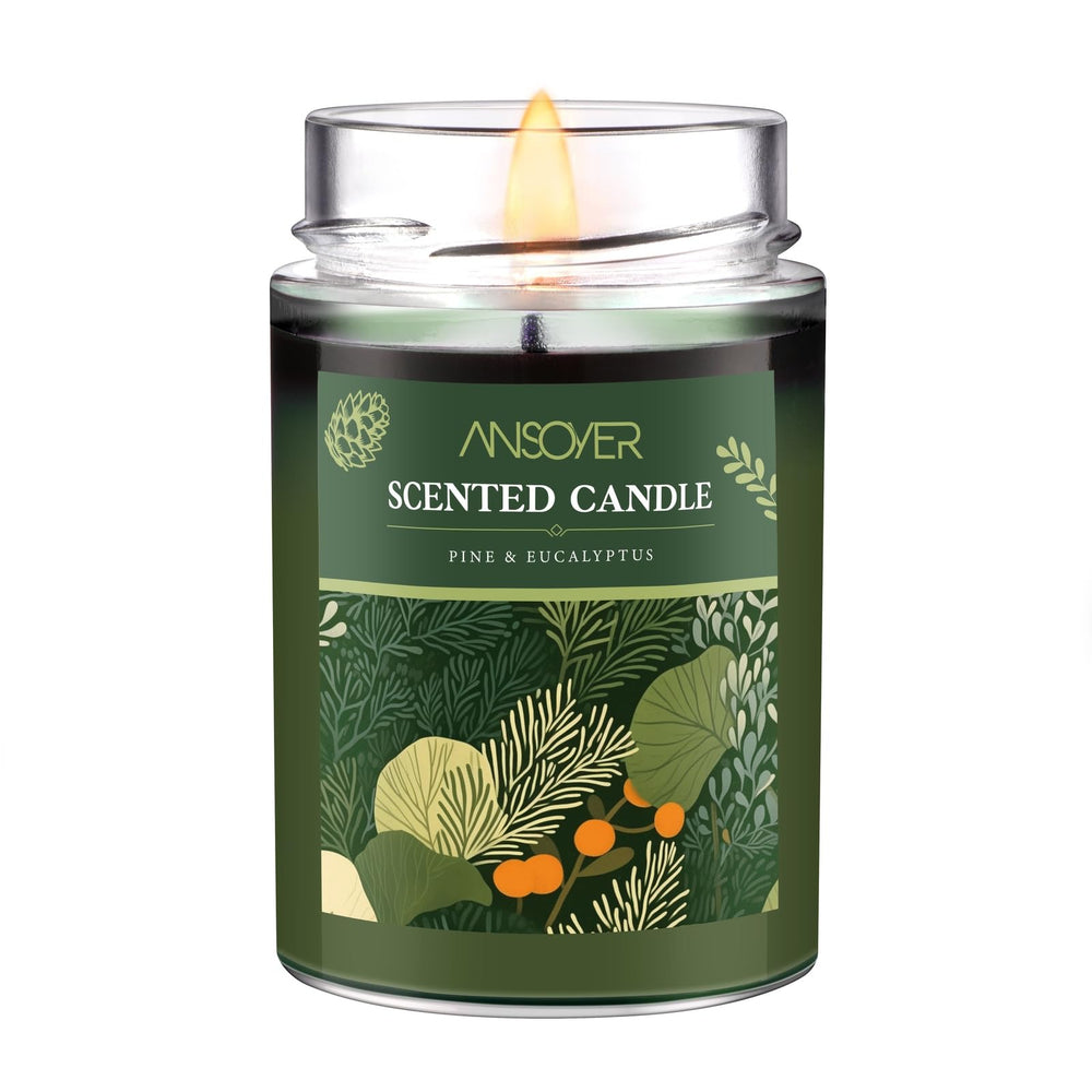 ANSOYER Pine & Eucalyptus soy candle in a glass jar for long-lasting home fragrance.