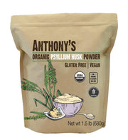 Anthony's Organic Psyllium Husk Powder packaging highlights gluten-free and keto-friendly fiber.