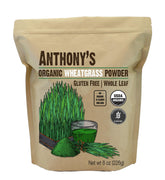 Anthonys polvo de pasto de trigo orgánico en envase 8 oz, ideal para batidos.
