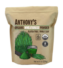 Anthonys polvo de pasto de trigo orgánico en envase 8 oz, ideal para batidos.