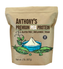 Anthony's Premium Pea Protein bag closeup, gluten-free and plant-based.