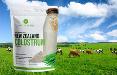 Antler Farms colostrum packaging outdoor scene reinforces clean sourcing.