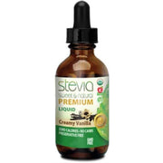 AnuMed Simply Liquid Stevia Creamy Vanilla bottle highlighting calorie-free sweetness for beverages.