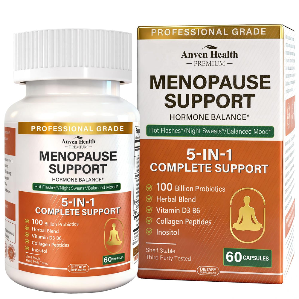 Anven Health menopause supplements bottle with a 5-in-1 formula for balanced wellbeing