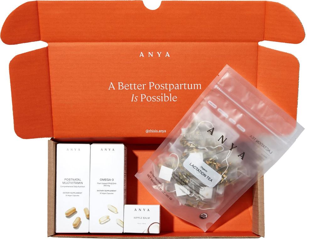 ANYA new mom breastfeeding essentials kit on countertop showing complete postpartum support.