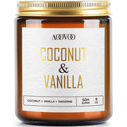 AOOVOO Coconut Vanilla Candle jar closeup with gold text and warm glow.