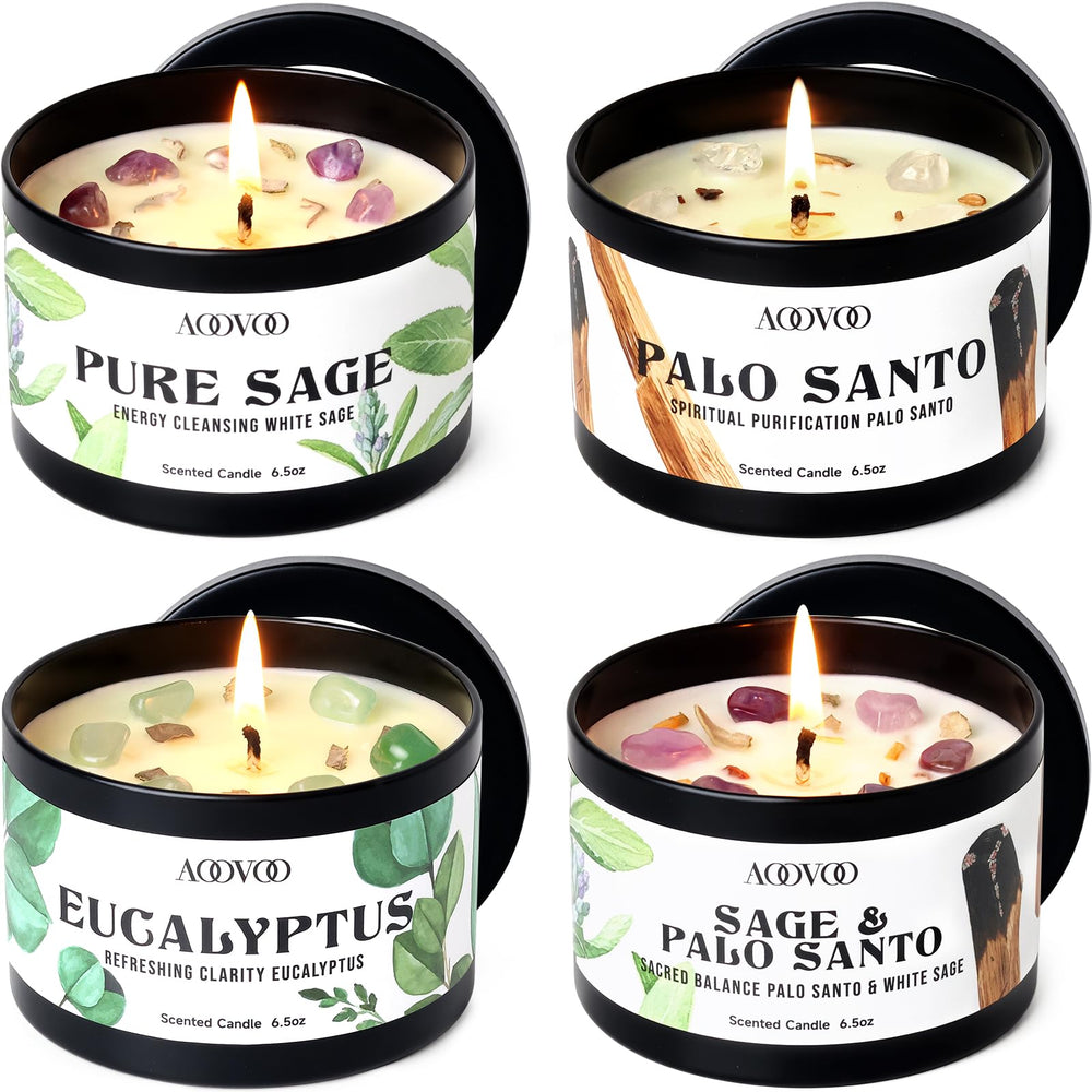 AOOVOO Sage Candle with crystal decor for calm ambiance and mindful rituals.