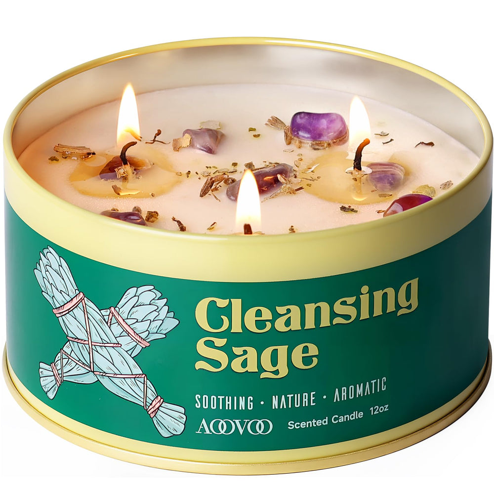 AOOVOO Sage Candle with crystals inside creates a calming ritual ambiance.