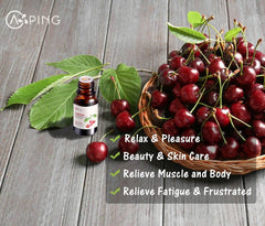AOPING Cherry Essential Oil label emphasizes premium grade and safety.