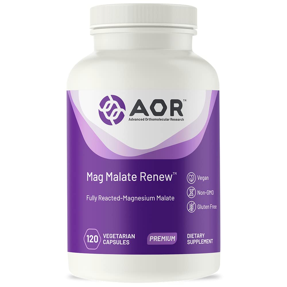 AOR Mag Malate Renew bottle close-up highlighting daily magnesium support for energy