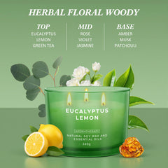 Aottom twelve-ounce soy wax candle highlights clean burn and natural ingredients
