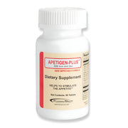 Apetigen-Plus bottle front with unflavored tablets for daily appetite support.