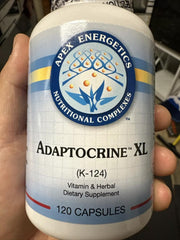 Capsules close-up from Apex Energetics Adapto-Crine XL show unflavored, easy dosing.