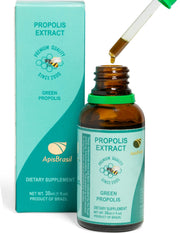 ApisBrasil Green Propolis bottle 30ml on a wooden surface for daily use.