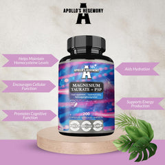APOLLO'S HEGEMONY Magnesium Taurate and P-5-P label closeup highlighting ingredients and vegan capsules.