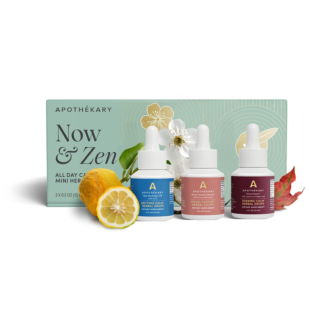 Apothekary Now & Zen edge drops bottle pour for calm focus during a busy day.