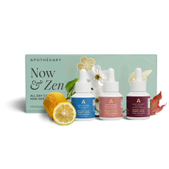 Apothekary Now & Zen edge drops bottle pour for calm focus during a busy day.