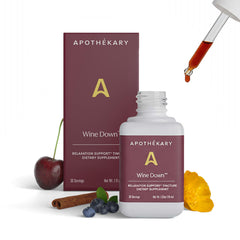 Apothékary Wine Down bottle pour shows an alcohol-free relaxing herbal blend