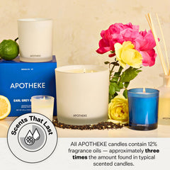 APOTHEKE candle wick close-up demonstrates cotton wick for steady burn.