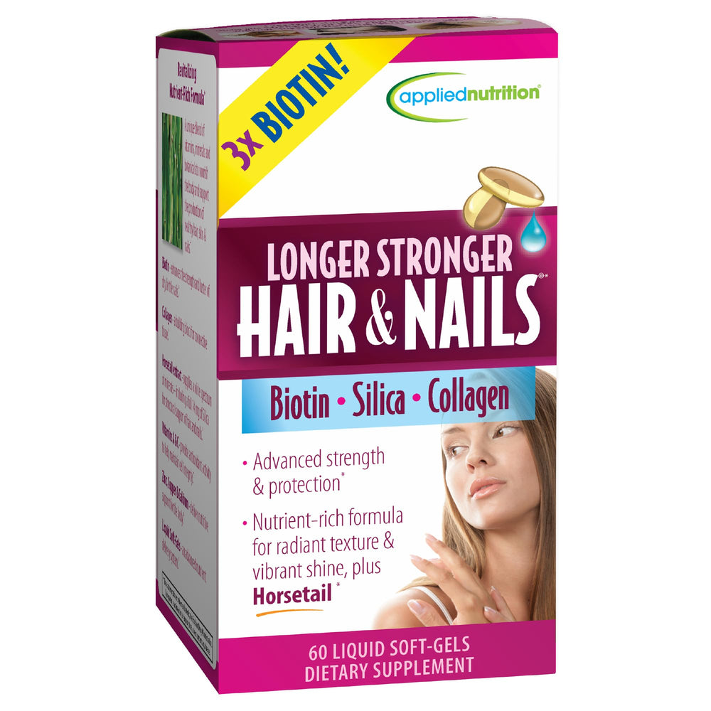 Applied Nutrition Longer Stronger Hair & Nails bottle supports hair and nails