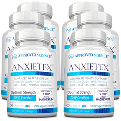 Approved Science Anxietex bottle front view shows vegan capsules for daily calm