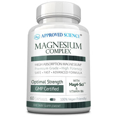 Approved Science Magnesium Complex bottle front with capsules highlighting high absorption.