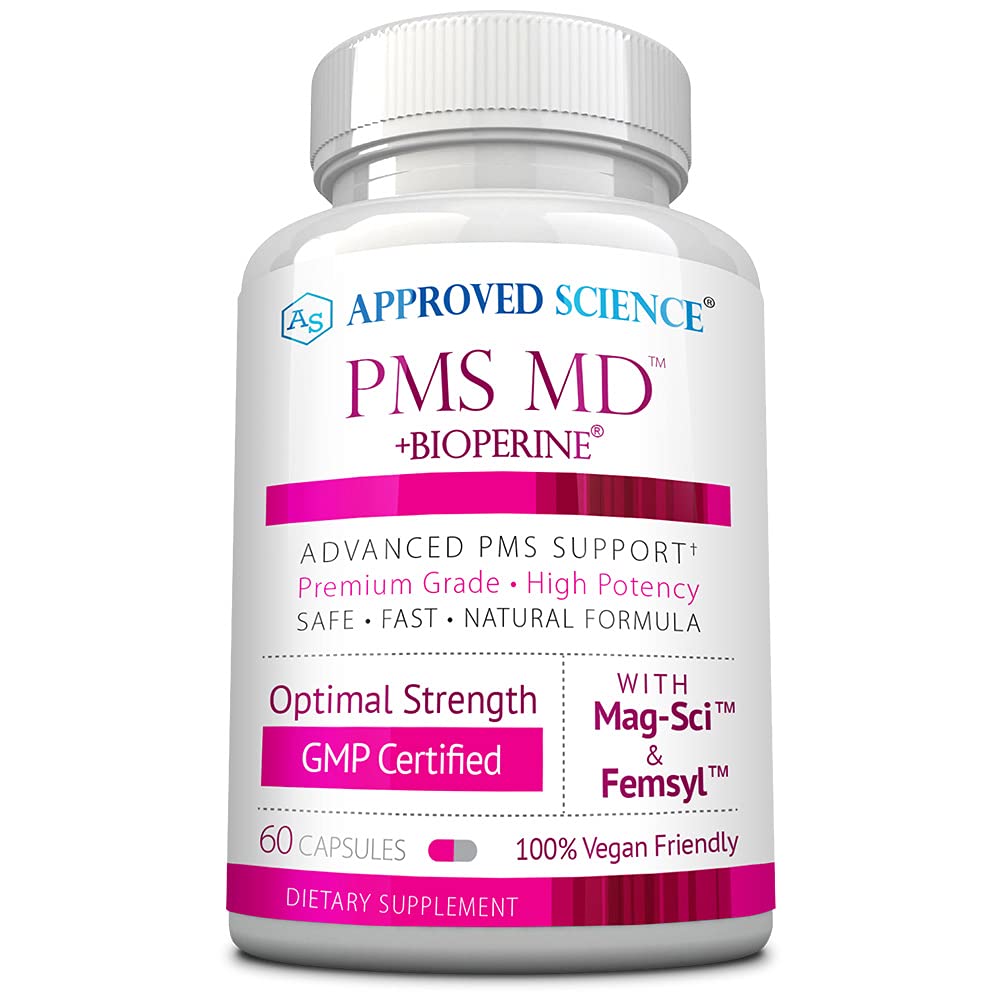 Approved Science PMS MD bottle close-up with capsules for daily balance