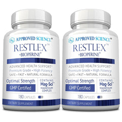 Approved Science Restlex bottle label highlights the magnesium blend for daily calm.