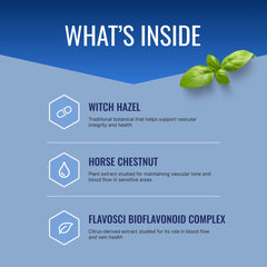 TestiCare bottle label close-up with horse chestnut and witch hazel ingredients