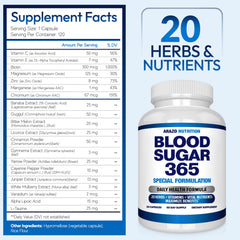 Arazo Nutrition Blood Sugar 365 bottle side detail highlighting key ingredients.