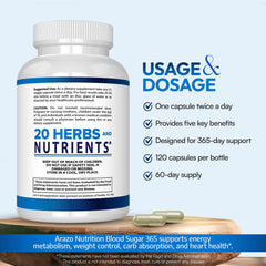 Arazo Nutrition Blood Sugar 365 ingredients panel with natural botanicals.