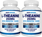 Arazo Nutrition L-Theanine 250mg bottle promotes calm focus for work and study.