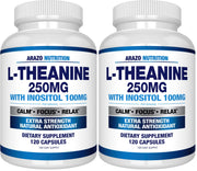 Arazo Nutrition L-Theanine 250mg bottle promotes calm focus for work and study.