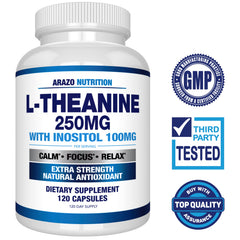 Arazo Nutrition L-Theanine 250mg capsules support steady daily focus without jitters.